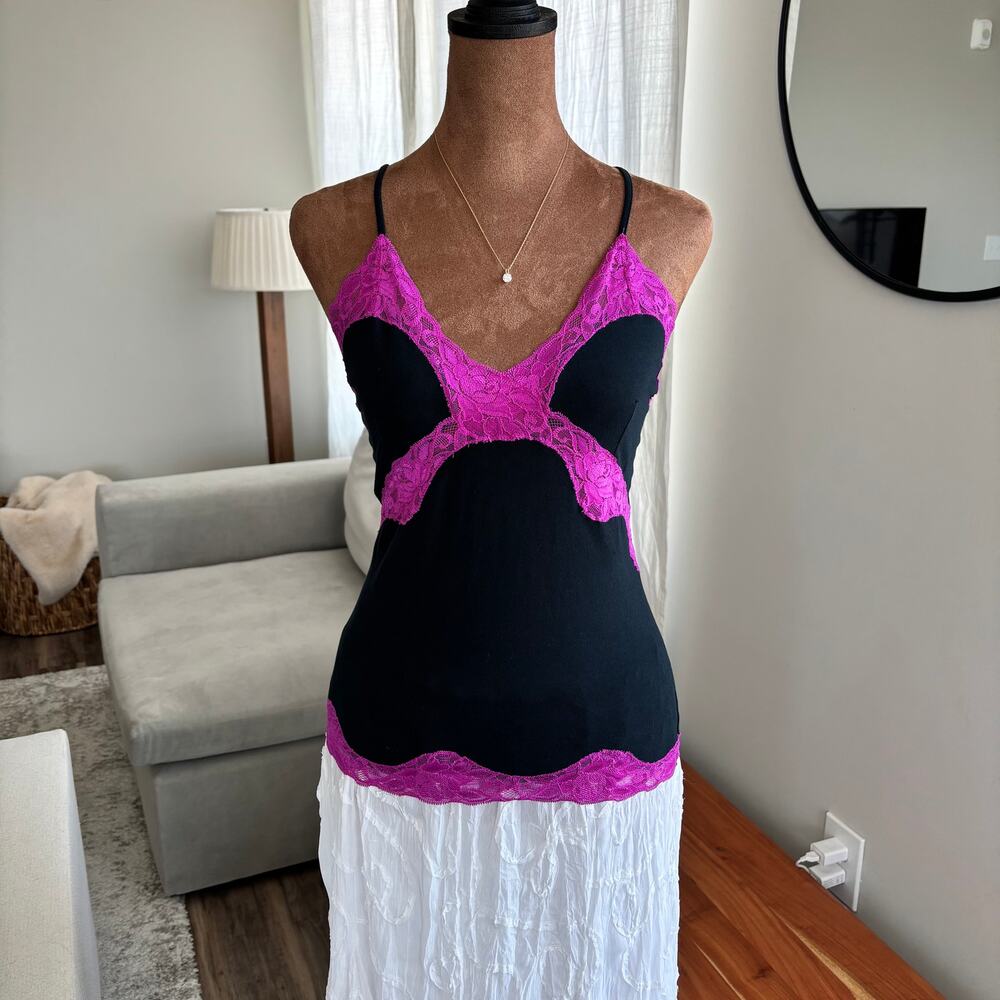 90s Vintage Mary Green San Francisco Pink Lace Trim Cami Tank Top Size Large - Picture 2 of 7